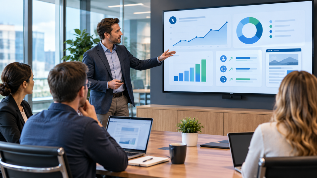 A marketer giving a presentation on organic website traffic and SEO performance in a law office.