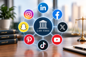 A graphic showing social media marketing for law firm options with social media icons surrounding a law firm logo.