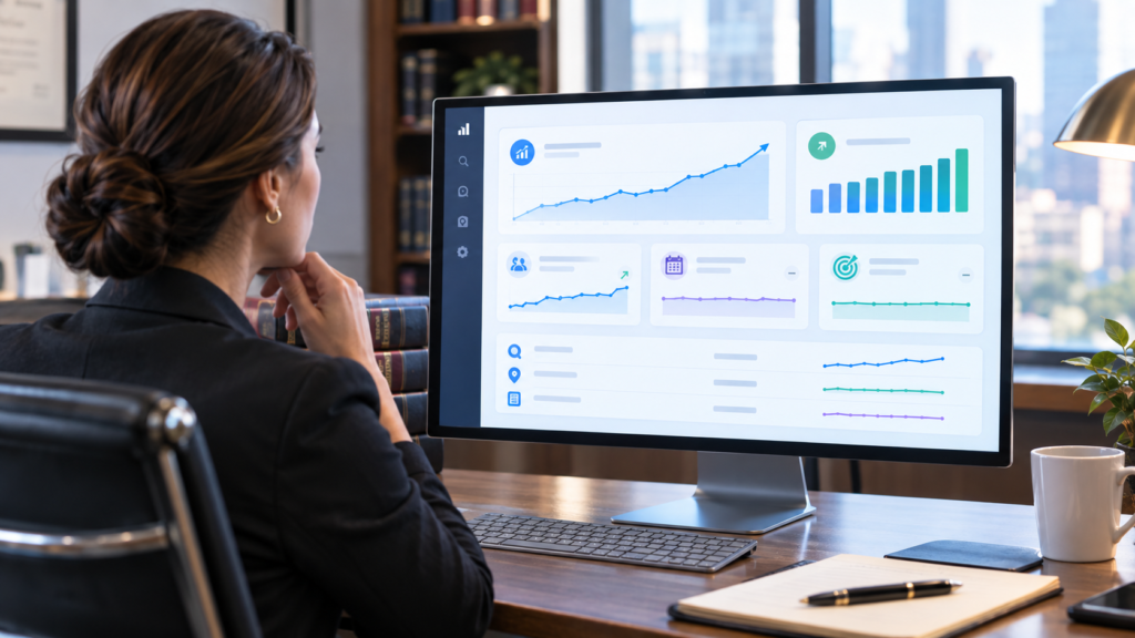 A lawyer looking at a digital marketing report of traffic vs leads in a law firm SEO report.