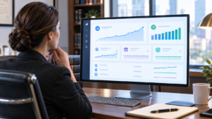 A lawyer looking at a digital marketing report of traffic vs leads in a law firm SEO report.