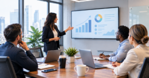 A business meeting at a law firm discussing law firm business growth