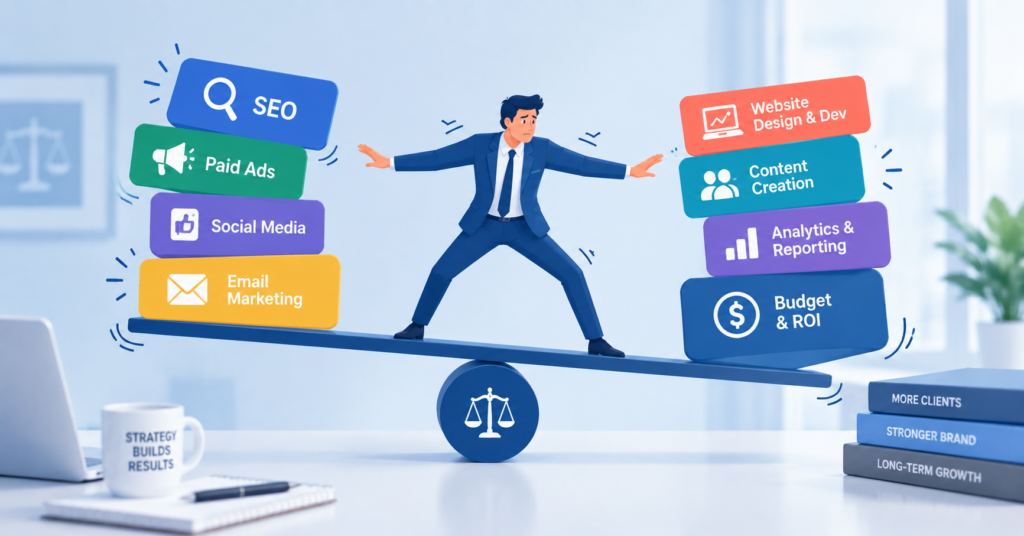 A cartoon style lawyer struggling to decide their law firm marketing budget.