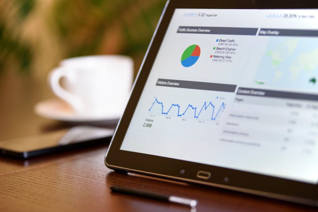 A tablet computer on a desk displaying analytics information.