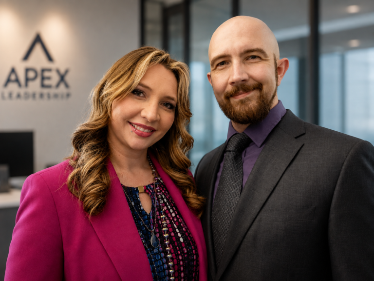 The founding partners, a woman in a pink jacket and a bearded man in a gray jacket, standing in an office.