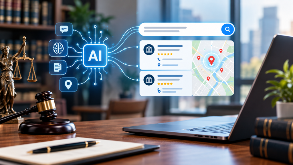 A representation of AI Search algorithms interacting with law firm local listings on google maps.