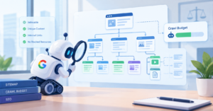 Googlebot examining a website content map during the indexing process of a law firm website that has been optimized with law firm SEO.