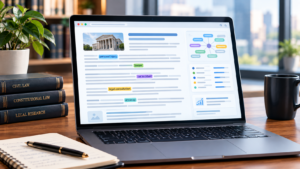 A webpage on a laptop with certain keywords highlighted, demonstrating semantic SEO for law firms.