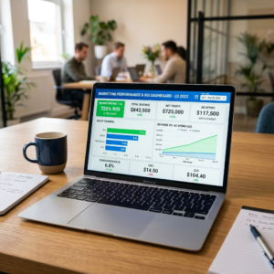 Laptop showing Marketing Performance & ROI Dashboard, Q3 2023 metrics