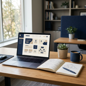 Laptop displaying a dashboard beside an open notebook, coffee, and plants
