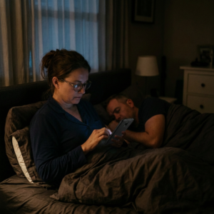 Woman using a smartphone in bed while her partner rests beside her