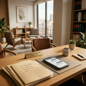 Spanish Law Firm Office setting with soft light coming in through large floor to ceiling windows.