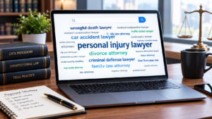 A laptop showing a word cloud of local SEO keywords for law firms