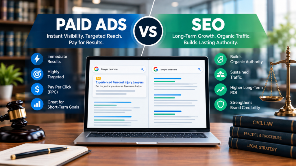 A laptop on a desk surrounded by text comparing PPC ads vs organic rankings for law firm marketing.