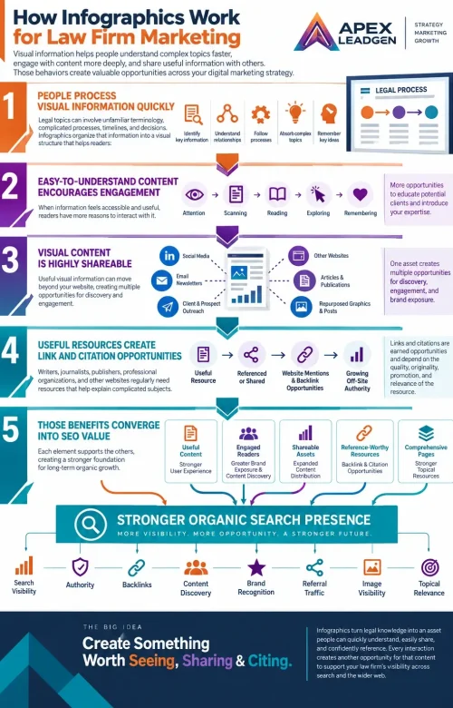 Infographic showing how visual legal content improves comprehension, engagement, sharing, backlinks, citations, and organic search visibility for law firms.